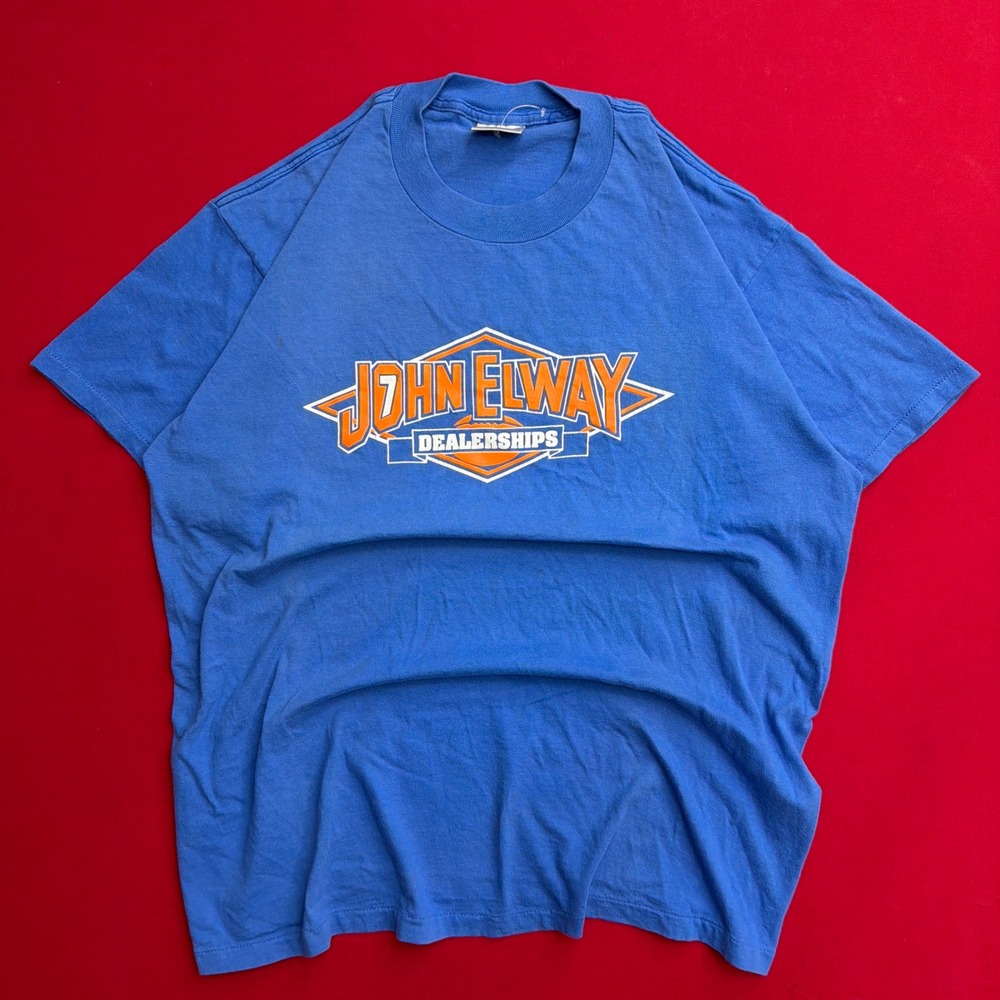 Vintage Oneita John Elway Dealerships T-Shirt Mens‎ XL Blue Single Stitch USA